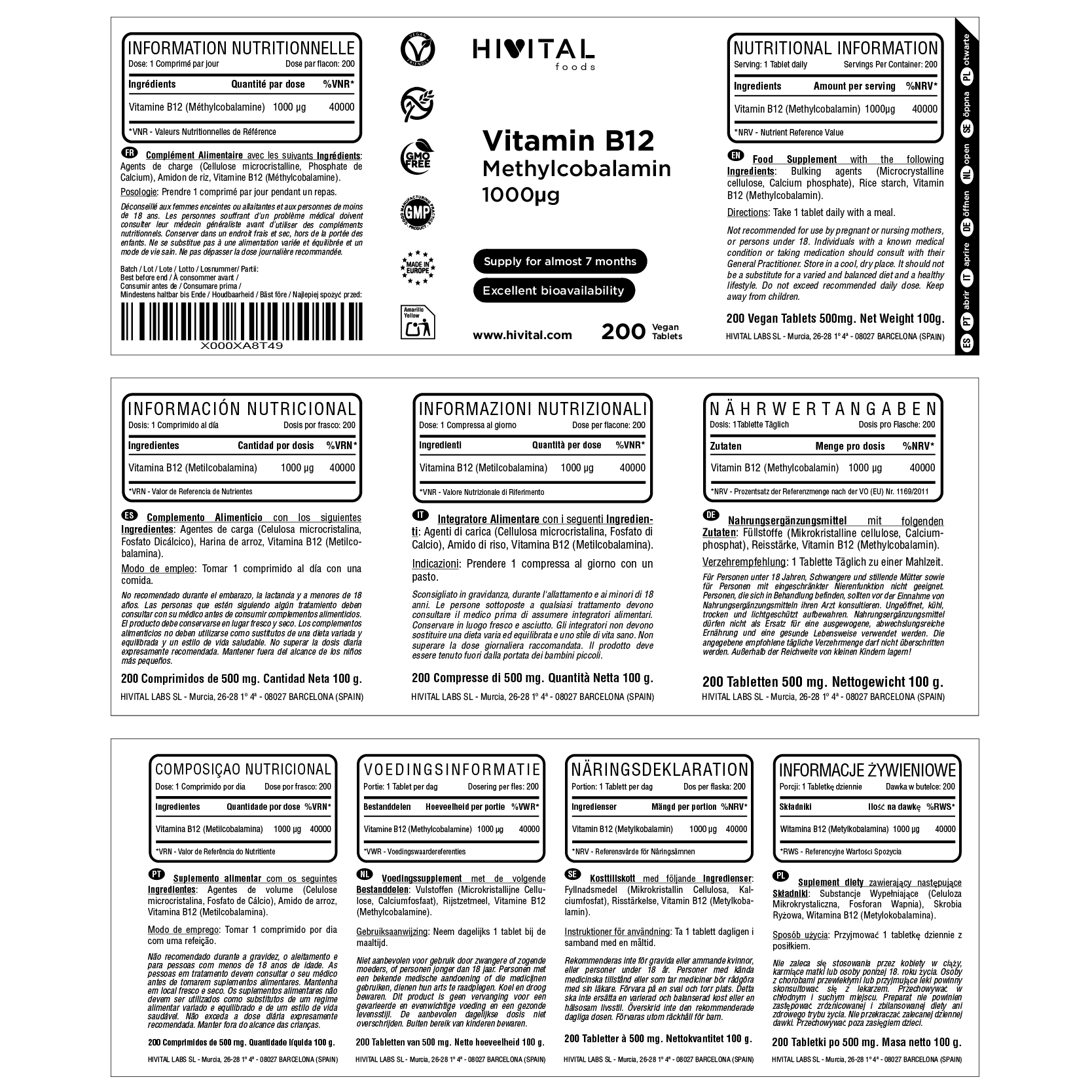 Витамин B12 1000 µg, етикет със съставки