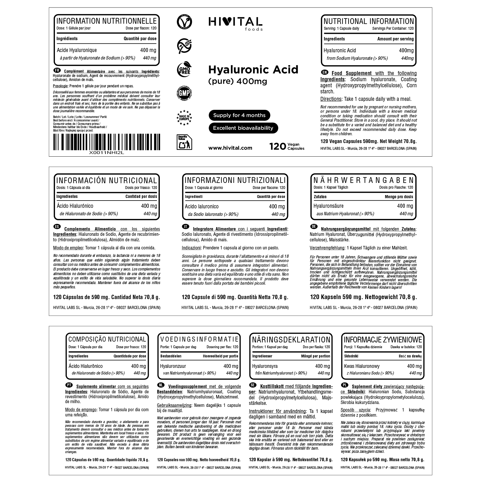 Хиалуронова киселина 400 mg, етикет със съставки
