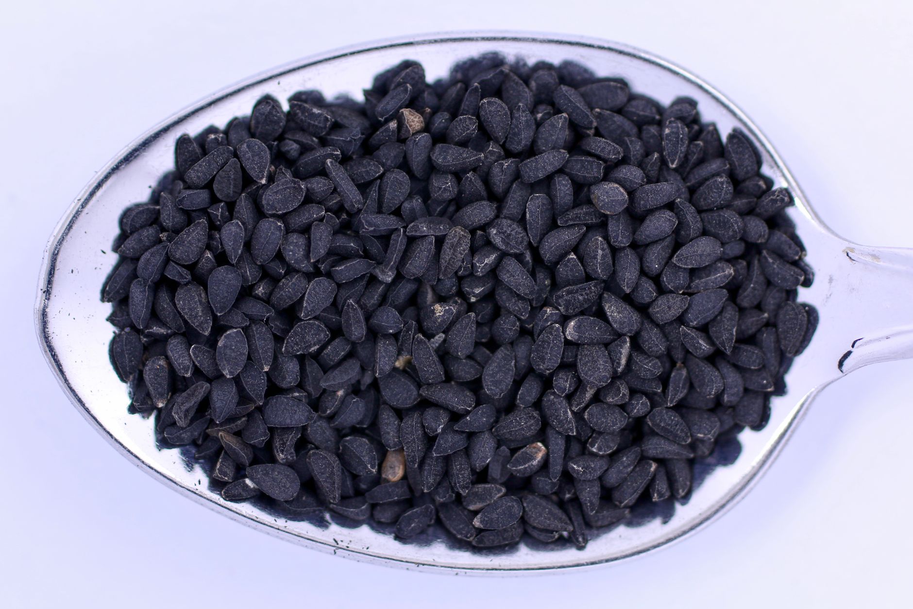 Семена на черен кимион (Nigella sativa) в метална лъжица, от които се получава маслото от черен кимион.