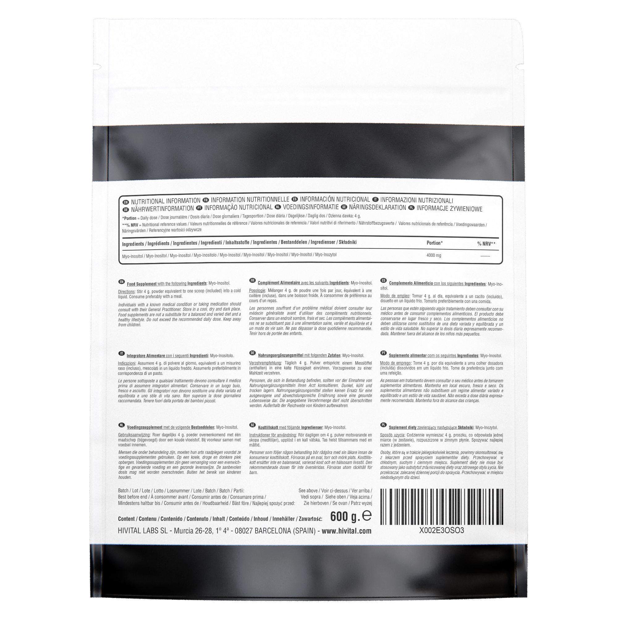 Мио-инозитол на прах 600 g, етикет със съставки